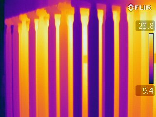 Jersey Infrared Consultants infrared images of transformer fins shows an abnormal pattern. Taken by Jon Scheurer during an Infrared Electrical System Survey in Philadelphia, PA.